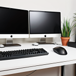 **Prompt:** An ergonomic workspace featuring a modern desktop PC, a comfortable keyboard, an ergonomic mouse, and a monitor set at eye-level. The scene emphasizes a healthy posture and comfortable working environment, perhaps with a plant on the desk for added ambiance.